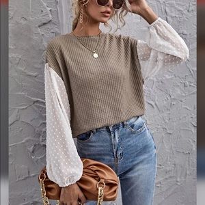 Swiss Dot Lantern Sleeve Waffle Knit Top